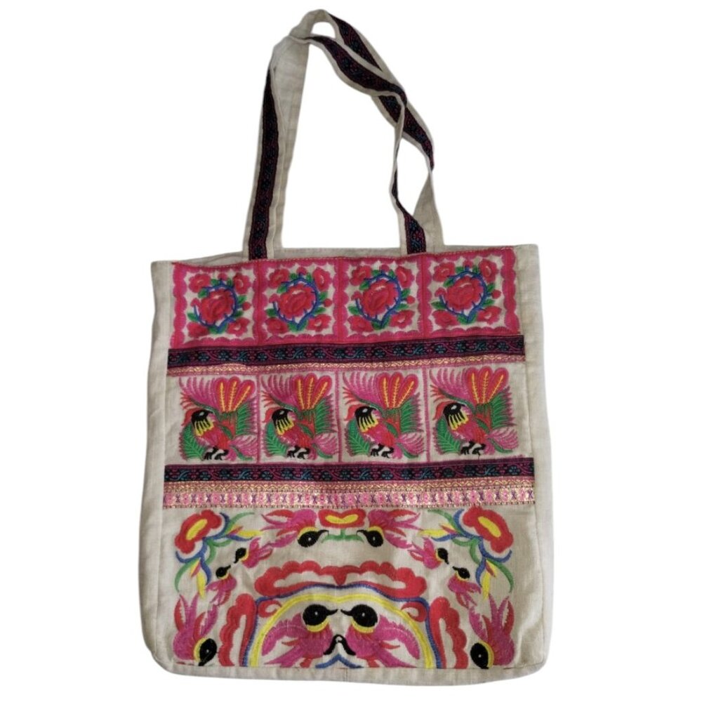 Limited Edition Embroidered Bohemian, Linen/cotton~ Colorful tropical Tote Bag